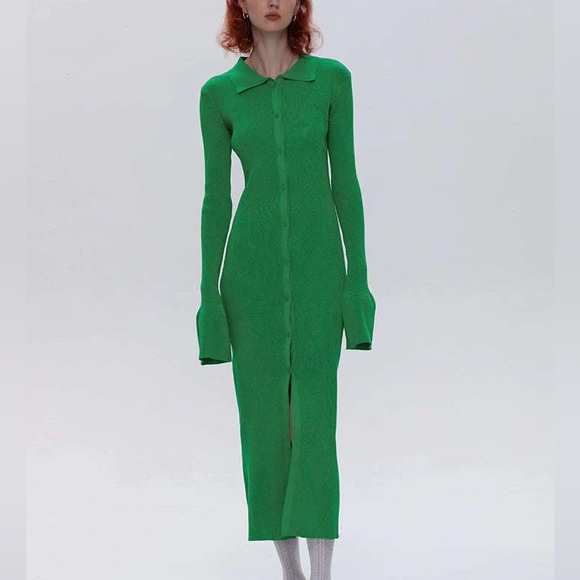 Shell Sleeve Ribbed Buttons Down Maxi Dress - Picture 2 of 8